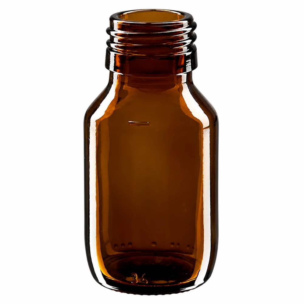 Frasco para medicamentos de 50 ml marrón, sin tapón PP28 ApoGlas Frasco de 50 ml de vidrio marrón sin tapón PP28 ApoGlas para aplicaciones farmacéuticas