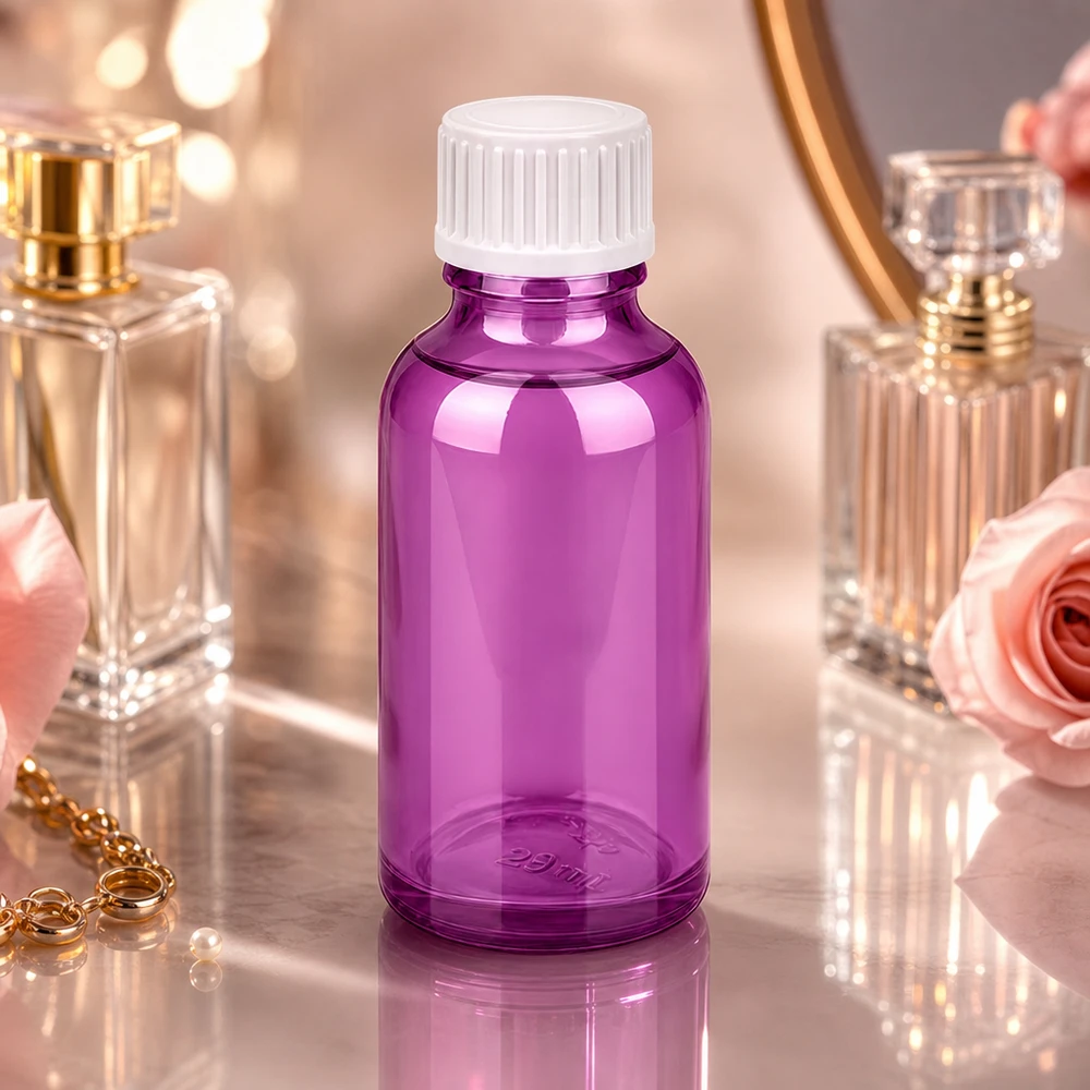 Elegante frasco de cristal violeta de 30 ml con tapón estriado para perfumes y esencias