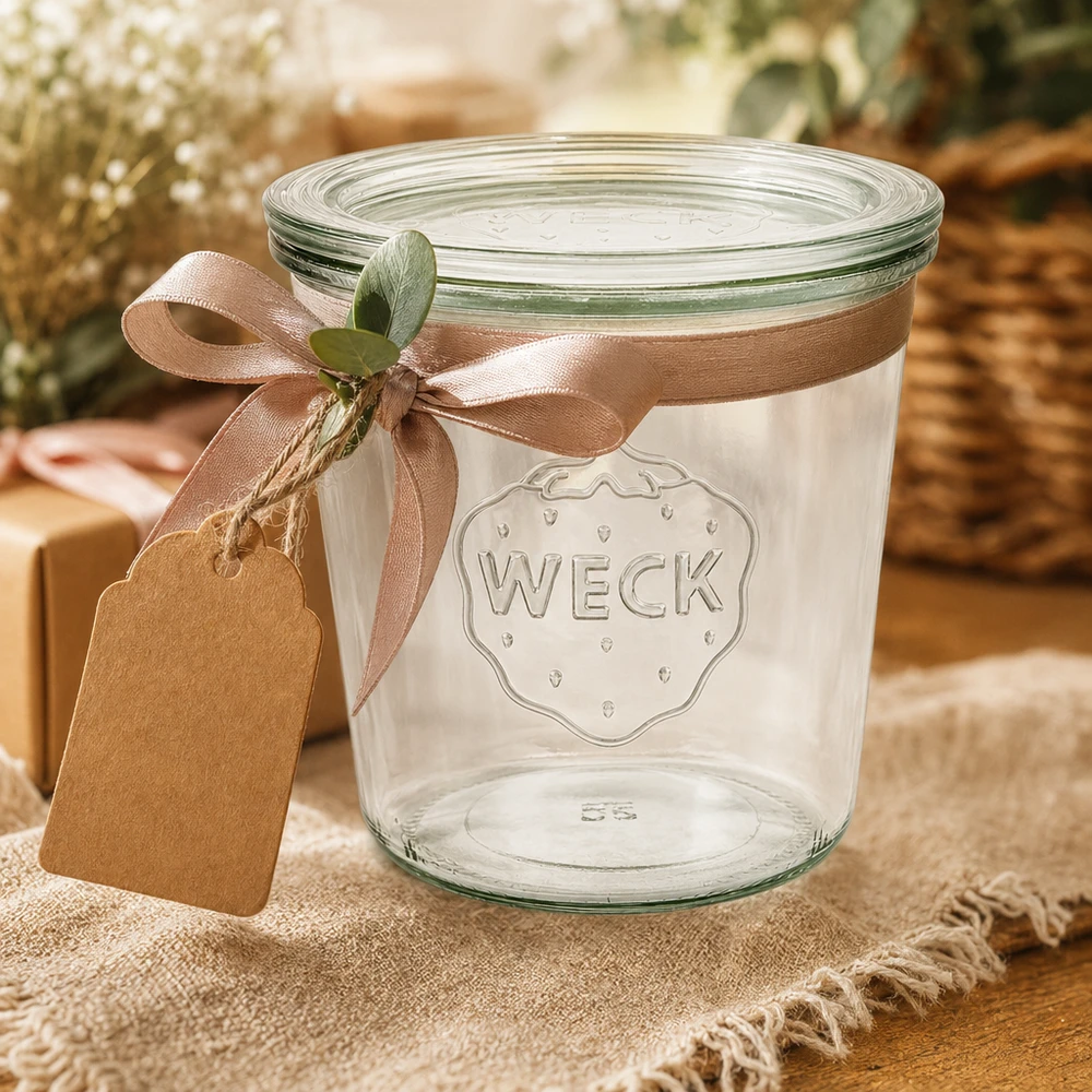 Tarro de cristal de 580 ml con tapa de cristal WECK RR100 Vasos WECK 580ml RR100 decorados con un lazo marrón y una etiqueta de regalo como idea para envolver un regalo
