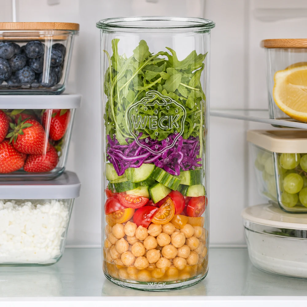 WECK RR100 vasos 1500ml con ensalada de capas de garbanzos, verduras y hortalizas de hoja verde en la cocina blanca