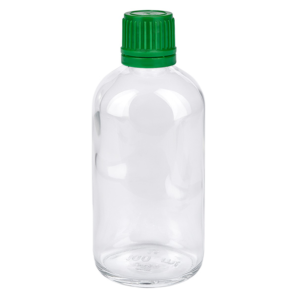 Botella 100ml tapón rosca 11mm verde ClearLine UT18/100 Frasco de vidrio transparente de 100 ml con tapón de rosca verde de 11 mm. Frasco de laboratorio ClearLine UT18