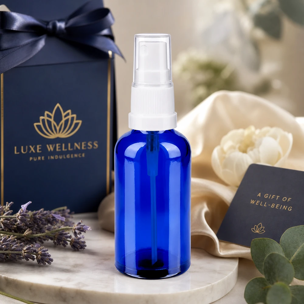 Frasco pulverizador de cristal de 50 ml de alta calidad con protección UV gracias a la coloración azul para sustancias sensibles a la luz