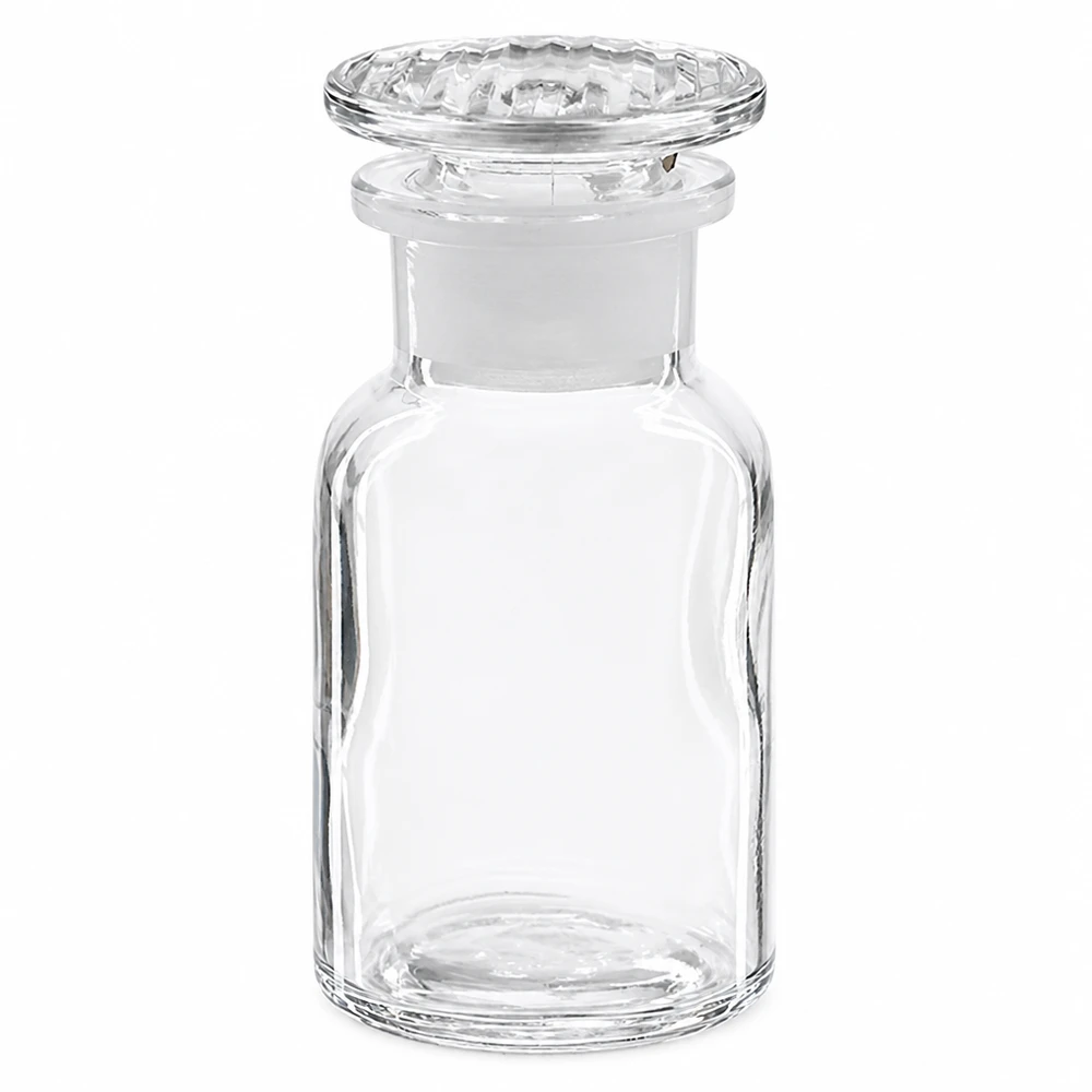 Botella de cristal vacía de 100 ml con cuello ancho y tapón de cristal para reactivos químicos