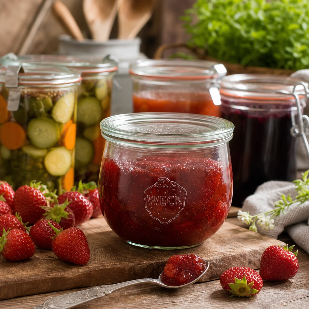 Tarro tulipán WECK 580ml RR100 lleno de mermelada de fresa junto a fresas frescas y verduras en escabeche sobre una tabla de madera