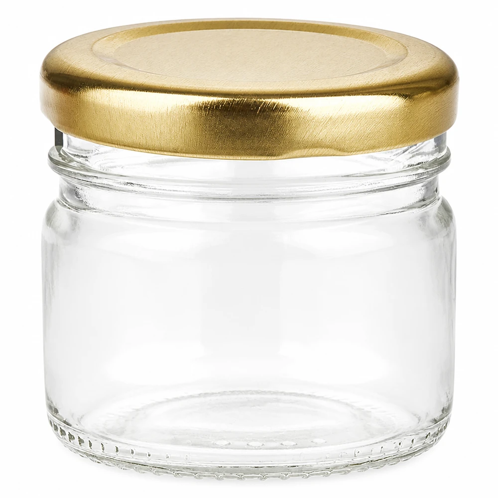 Frasco redondo de cristal de 33 ml + tapa BasicSeal dorada UNiTWIST Tarro redondo pequeño de 33 ml con tapa de rosca BasicSeal dorada, de cristal transparente, para mermelada y miel