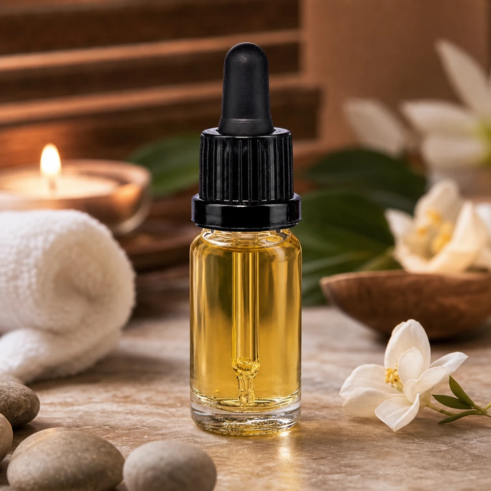 Frasco pipeta 10ml negro cierre inviolable ClearLine UT18/10 Frasco de cristal de 10 ml con tapón cuentagotas negro y aceite dorado sobre piedra natural con flores blancas