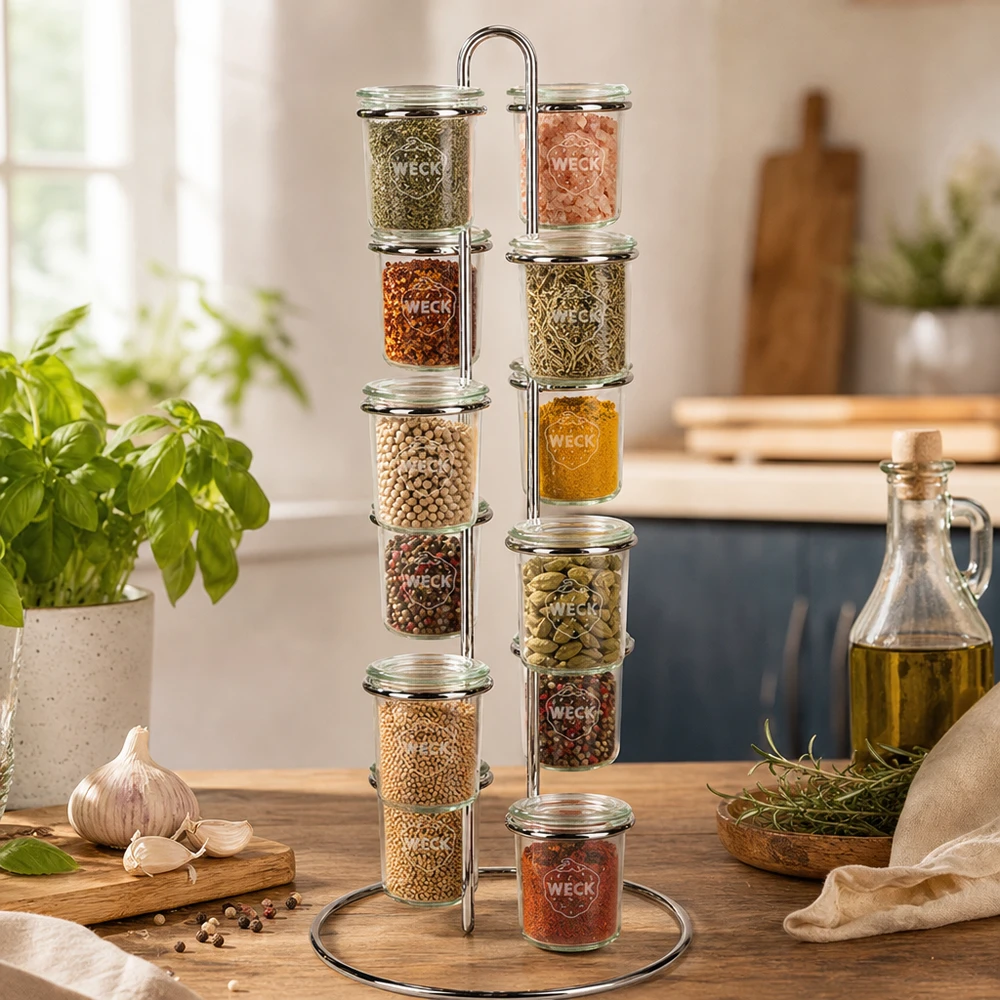 Vertico12 especiero con 12 tarros WECK llenos de hierbas y especias sobre una encimera de madera en una cocina moderna