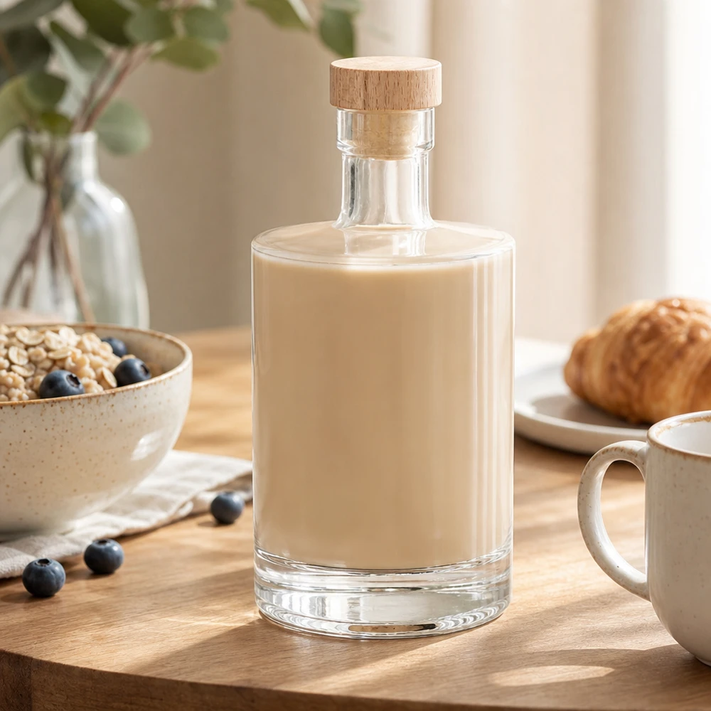 Botella de cristal de 500 ml Marie rellena de licor cremoso - tapón de madera UNiTWIST - escenografía de mesa de desayuno con muesli