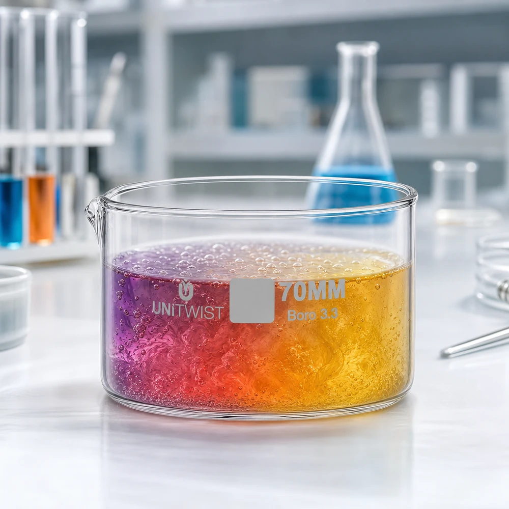 Cubeta de cristalización de 70 mm UNiTWIST Boro 3.3 con solución de reacción de colores (violeta, naranja y amarillo) en el laboratorio