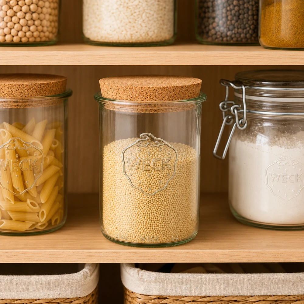 Vasos de 1000ml WECK RR100 con corcho natural WECK Sturzglas RR100 1000ml mit Korkdeckel in organisierter Vorratsküche Pantry mit Getreide Pasta und Mehl