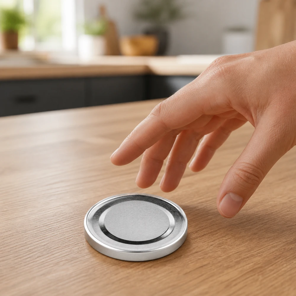Una mano coge una tapa BasicSeal de 58 mm, color plata, modelo TO58deep UNiTWIST, sobre una mesa de madera en la cocina.