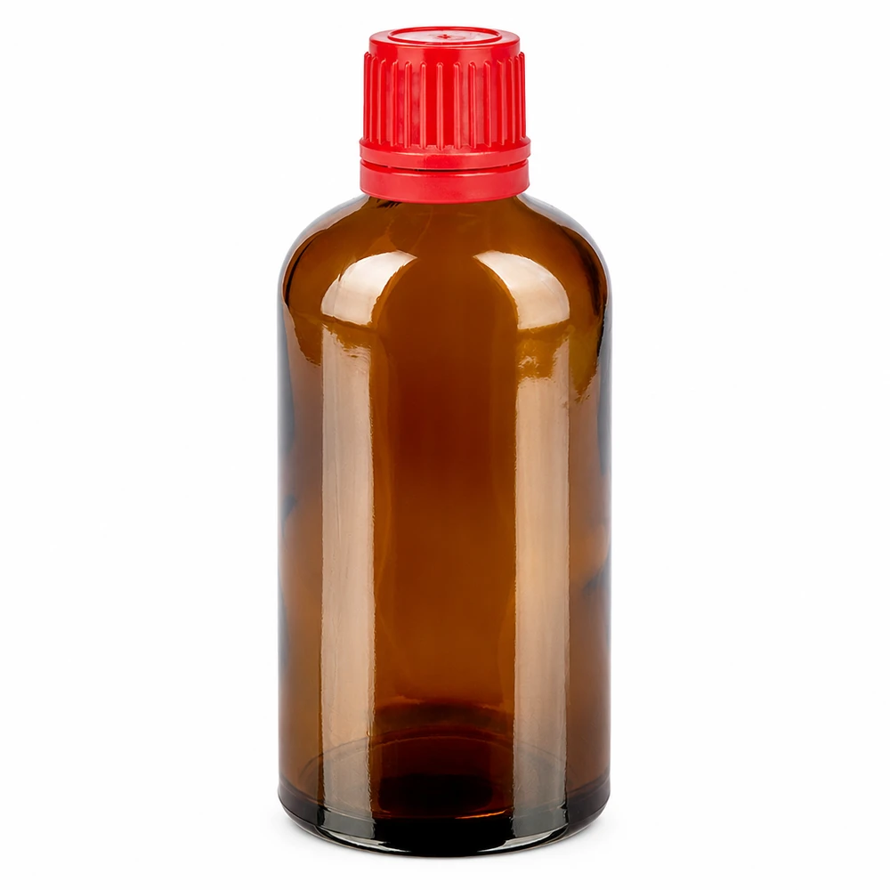 Frasco de vidrio ámbar de 100 ml con tapón rojo - calidad farmacéutica para un almacenamiento seguro
