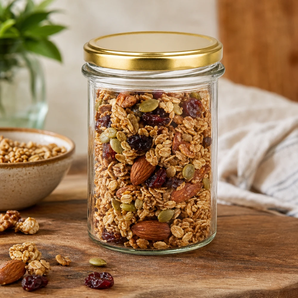 Vasos de 230ml con tapa BasicSeal oro UNiTWIST Tarro BasicSeal de 230 ml con tapa dorada lleno de muesli, frutos secos y fruta deshidratada para guardar sobre una mesa de madera