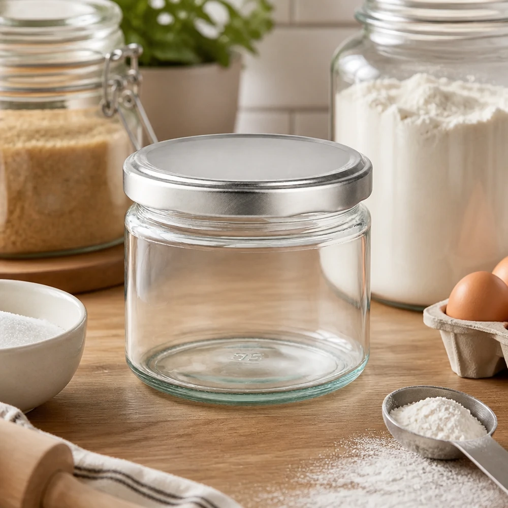 Tarro redondo de 330ml con tapa BasicSeal plata UNiTWIST Tarro redondo de 330 ml con tapa BasicSeal vacío entre ingredientes para hornear sobre mesa de madera Tarro de conserva para cocina y repostería