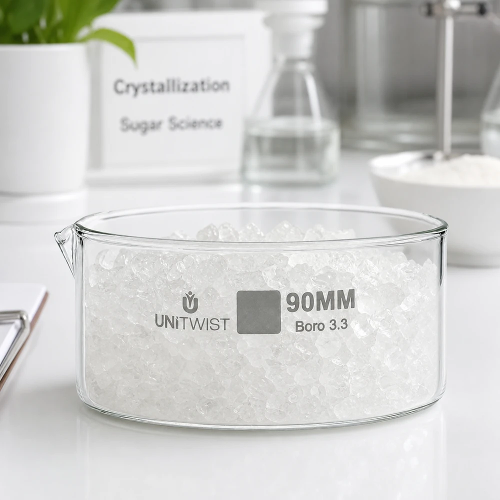 Cubeta de cristalización de 90 mm UNiTWIST con cristales de azúcar blancos. Vidrio borosilicato. Uso en laboratorio.
