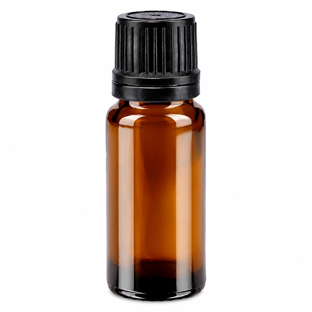 Frasco de cristal marrón de 10 ml con tapón OV negro y gotero de 1 mm fabricado en cristal de farmacia