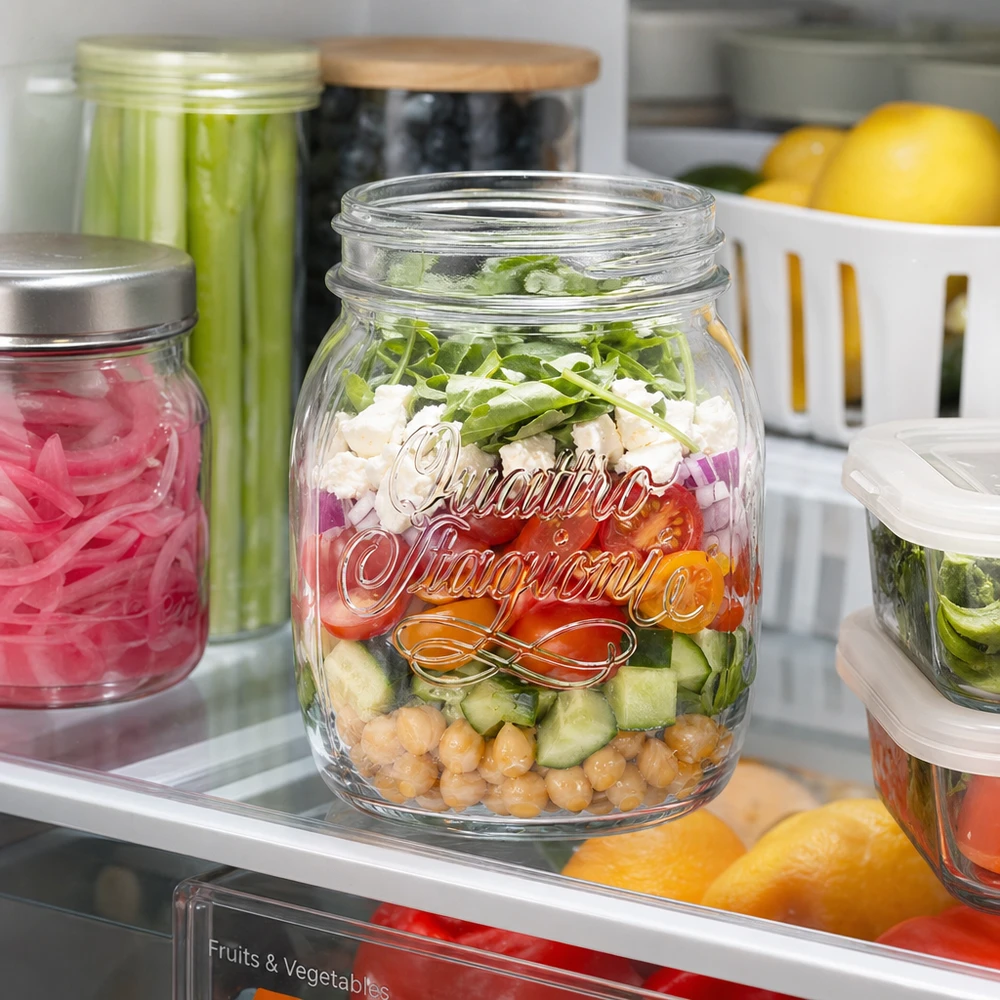 Vaso redondo 700ml "Quattro Stagioni" QS86mm Quattro Stagioni 700ml Haushaltsglas mit Schichtsalat im Kühlschrank - praktische Glasaufbewahrung für Meal Prep und Vor