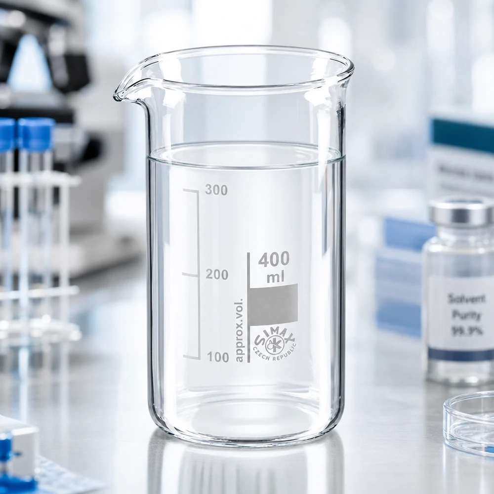 Vaso de precipitados transparente de 400 ml, de forma alta, con escala de mililitros grabada, sobre la mesa de laboratorio