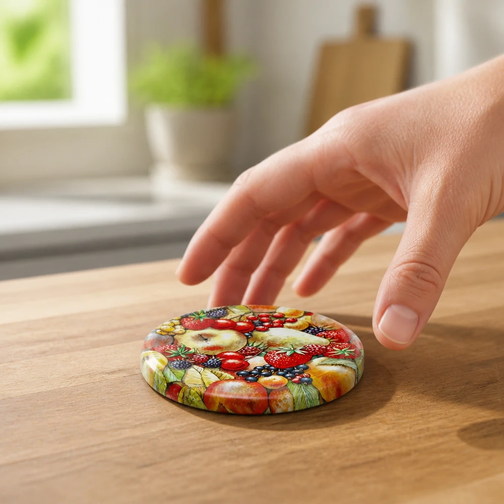 Tapa redonda BasicSeal de 82 mm con diseño de frutas, sobre una superficie de madera en la cocina