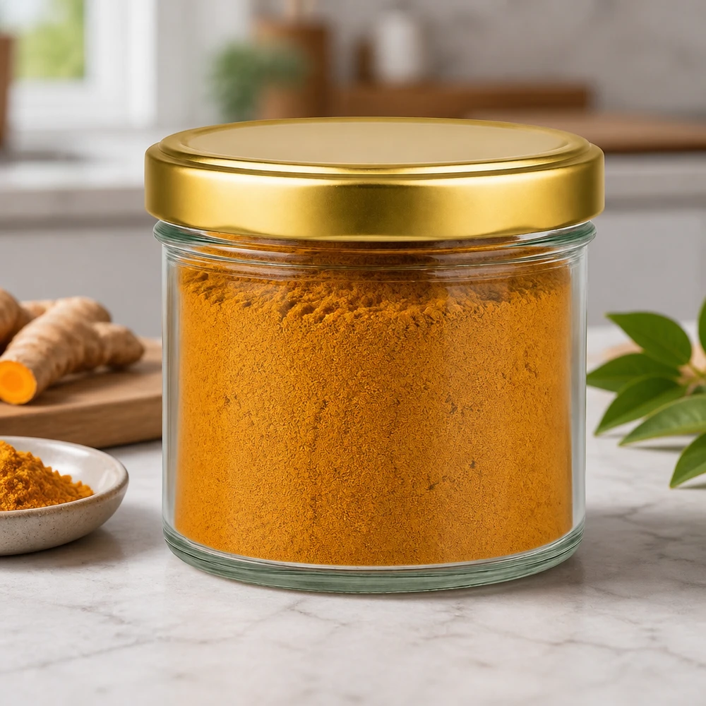 Tarro cilíndrico de 230 ml con tapa dorada BasicSeal lleno de cúrcuma en polvo Tarro de especias Ambiente de cocina