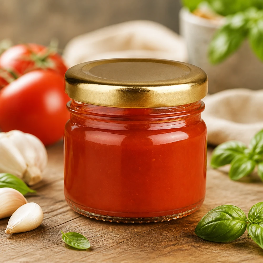 Frasco redondo de cristal de 33 ml + tapa BasicSeal dorada UNiTWIST Salsa de tomate en un frasco redondo de cristal de 33 ml con tapa BasicSeal dorada, junto a tomates frescos, albahaca y ajo