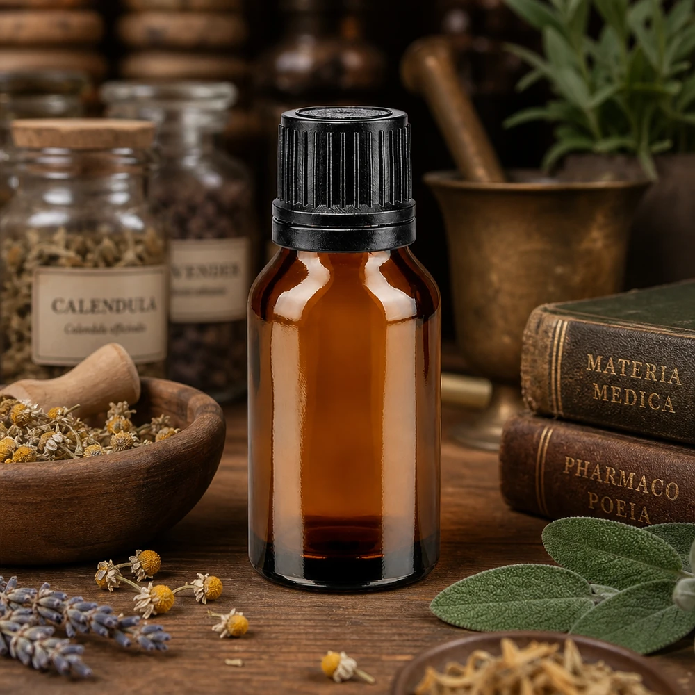 Hierbas medicinales y frasco de farmacia marrón de 15 ml con tapón cuentagotas negro, junto a antiguos libros de farmacopea
