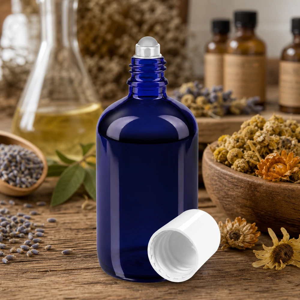 Frasco de cristal azul de farmacia de 100 ml con aplicador de bola, entre hierbas y flores secas