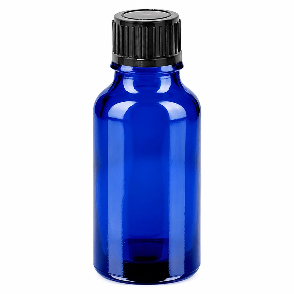 Frasco de vidrio azul 20ml con tapón de rosca negro SV 11mm para aceites esenciales y cosméticos