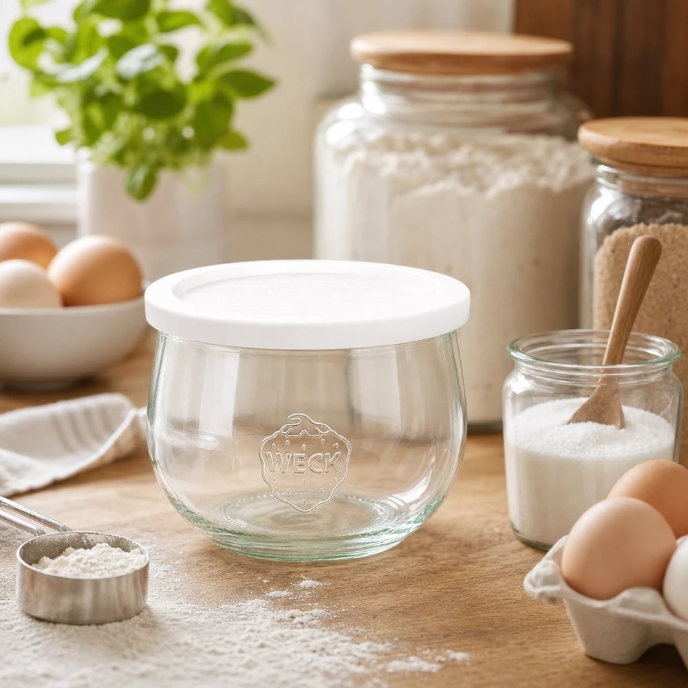 Tarro tulipán de 580ml con tapa de frescura WECK RR100 WECK tarro tulipán 580ml RR100 vacío con tapa de frescura en cocina de repostería rodeado de harina, huevos e ingredientes de repostería
