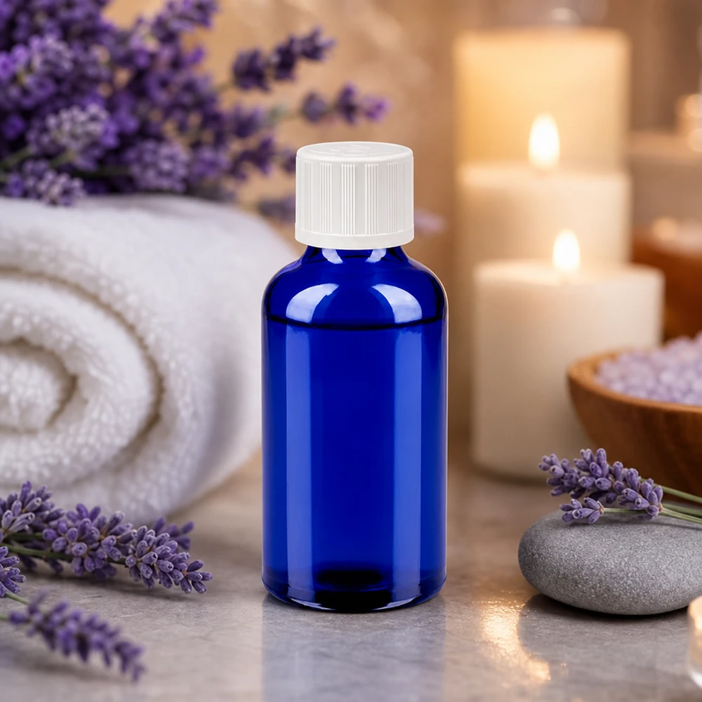 Botella 50ml 11mm tapón rosca blanco con precinto de seguridad BlueLine UT18/50 Elegante frasco de 50 ml en azul cobalto con práctico tapón de rosca de 11 mm para aromaterapia