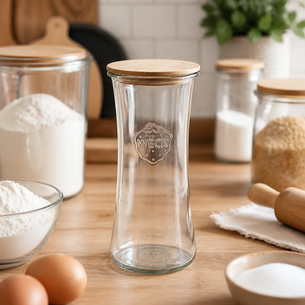 WECK delicatessen tarro 700ml RR80 vacío con tapa de bambú en la cocina rodeado de ingredientes para hornear harina huevos tarros de almacenamiento