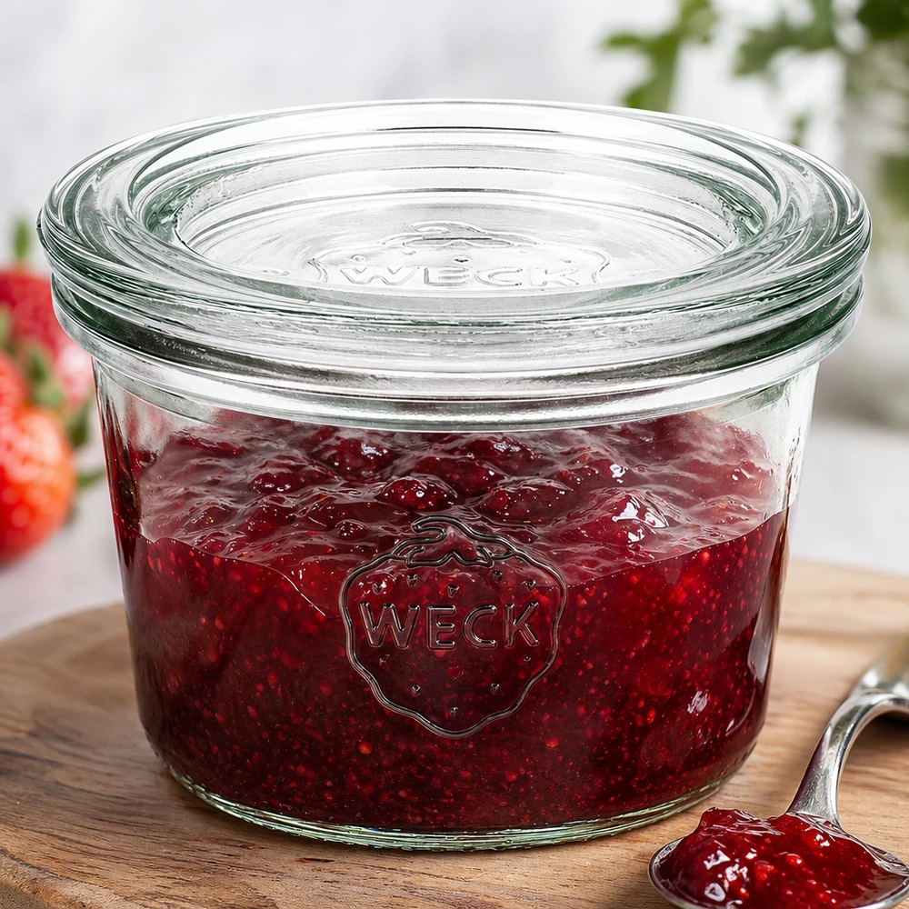 Tarro de cristal de 80 ml con tapa de cristal WECK RR60 El tarro RR60 de 80 ml de WECK lleno de mermelada de fresa roja muestra el uso práctico para conservar mermelada