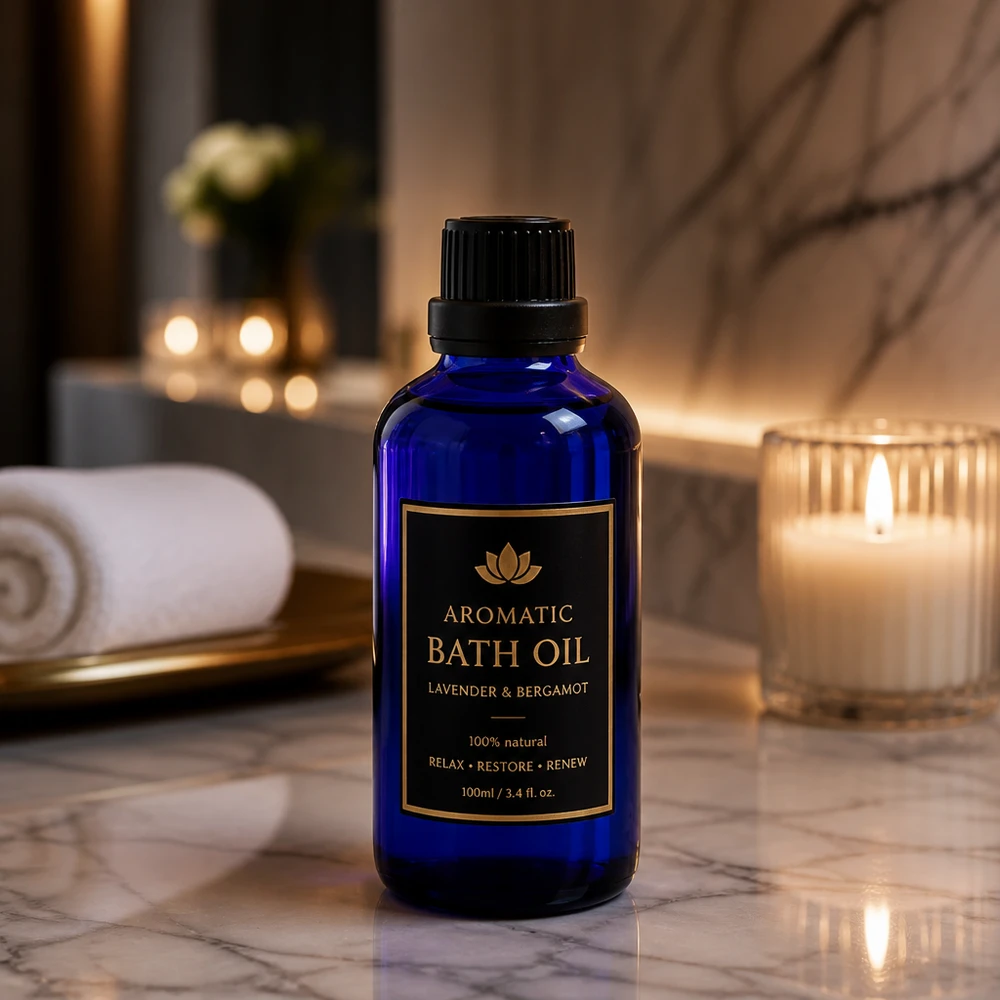 Frasco de farmacia azul de 50 ml con tapón OV negro sobre una superficie de mármol, junto a una vela perfumada encendida