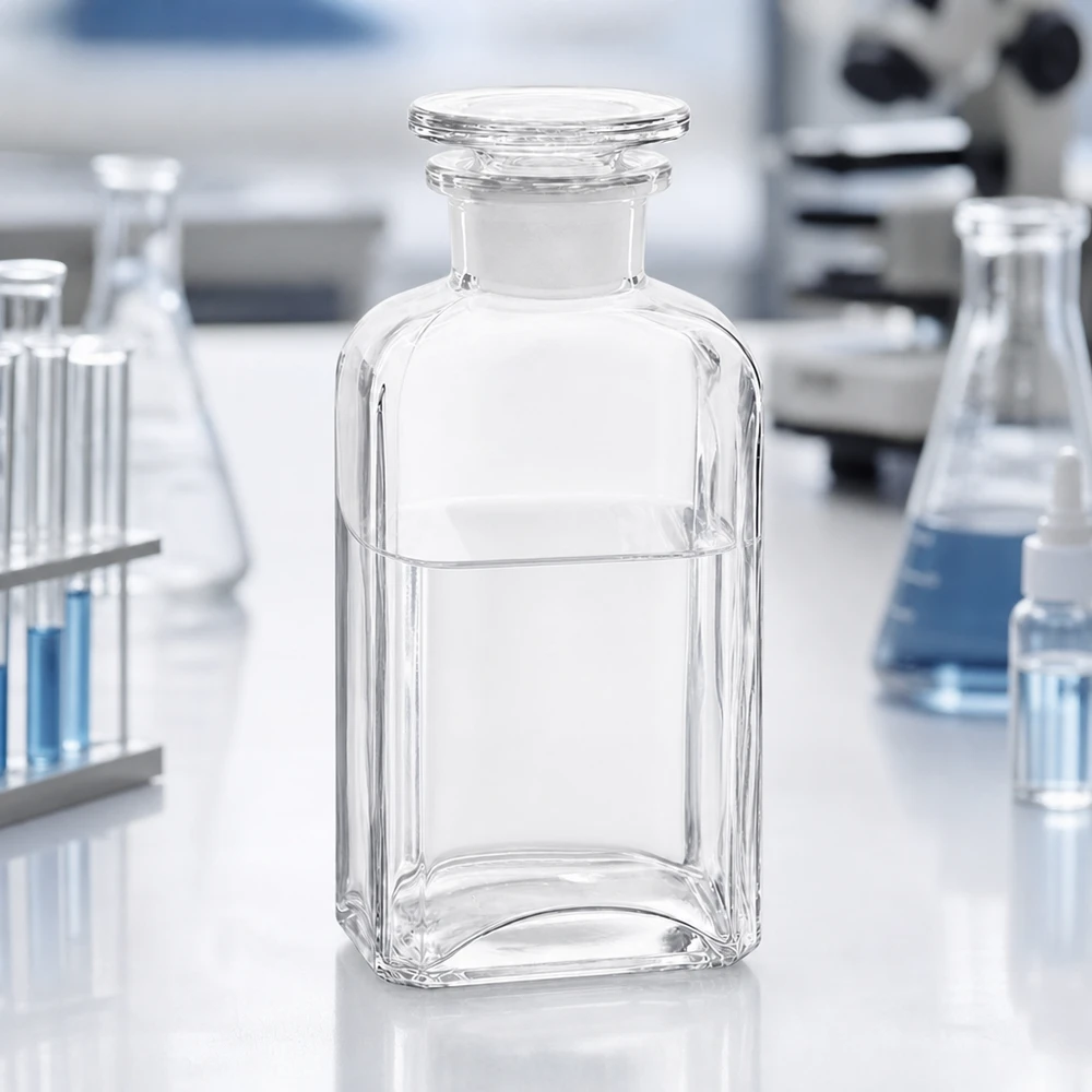 Frasco cuadrado de 250 ml de cristal transparente con cuello ancho y tapón de cristal sobre una mesa de laboratorio con microscopio