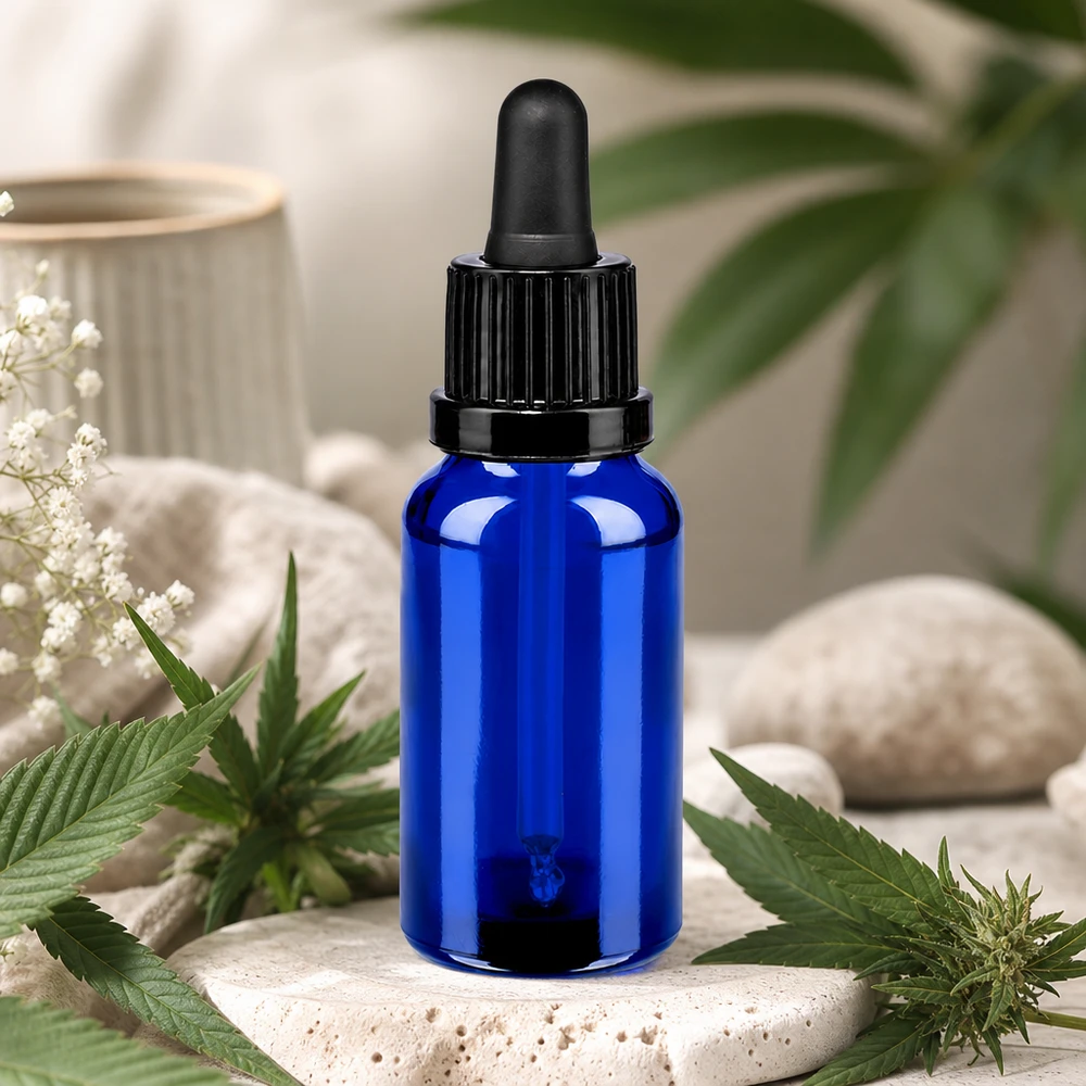 Frasco pipeta azul de 20 ml con diseño ergonómico para facilitar su manejo en laboratorios y cosmética