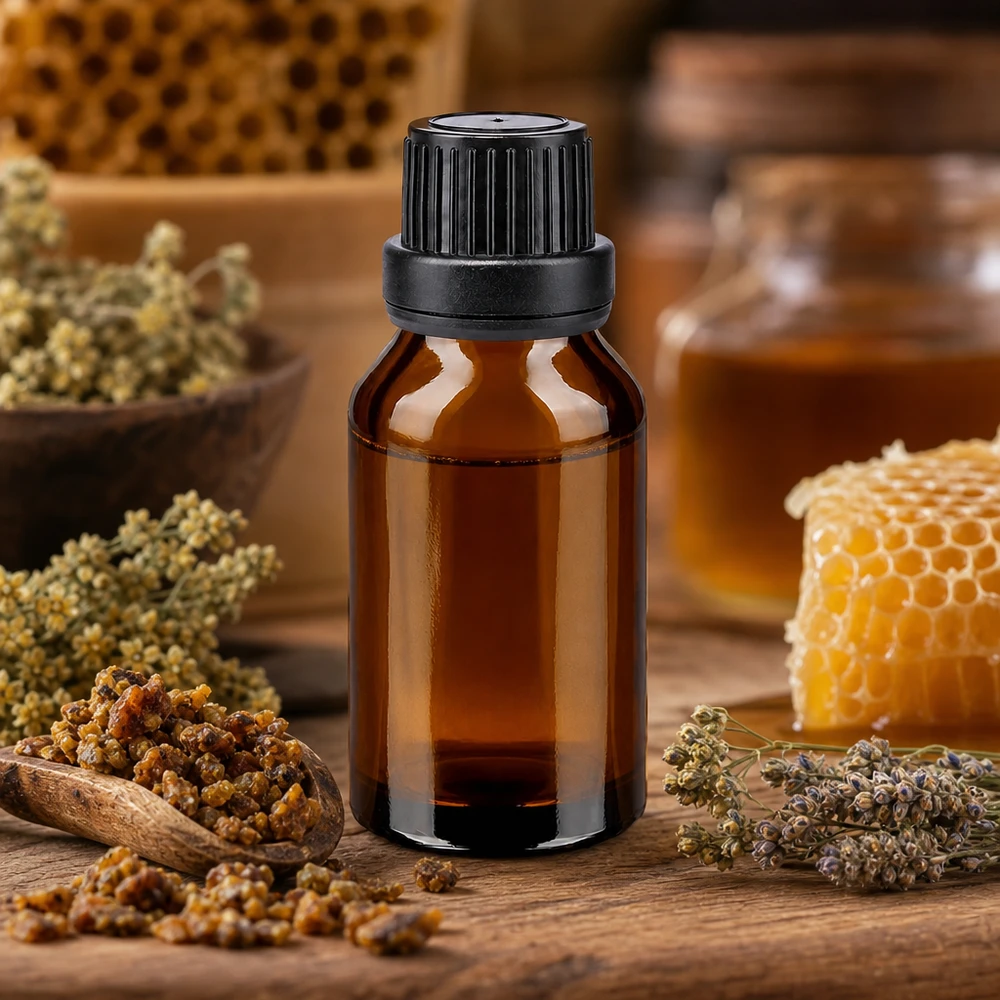 Frasco de farmacia de vidrio ámbar de 15 ml con propóleo, panal de miel y hierbas medicinales para productos naturales
