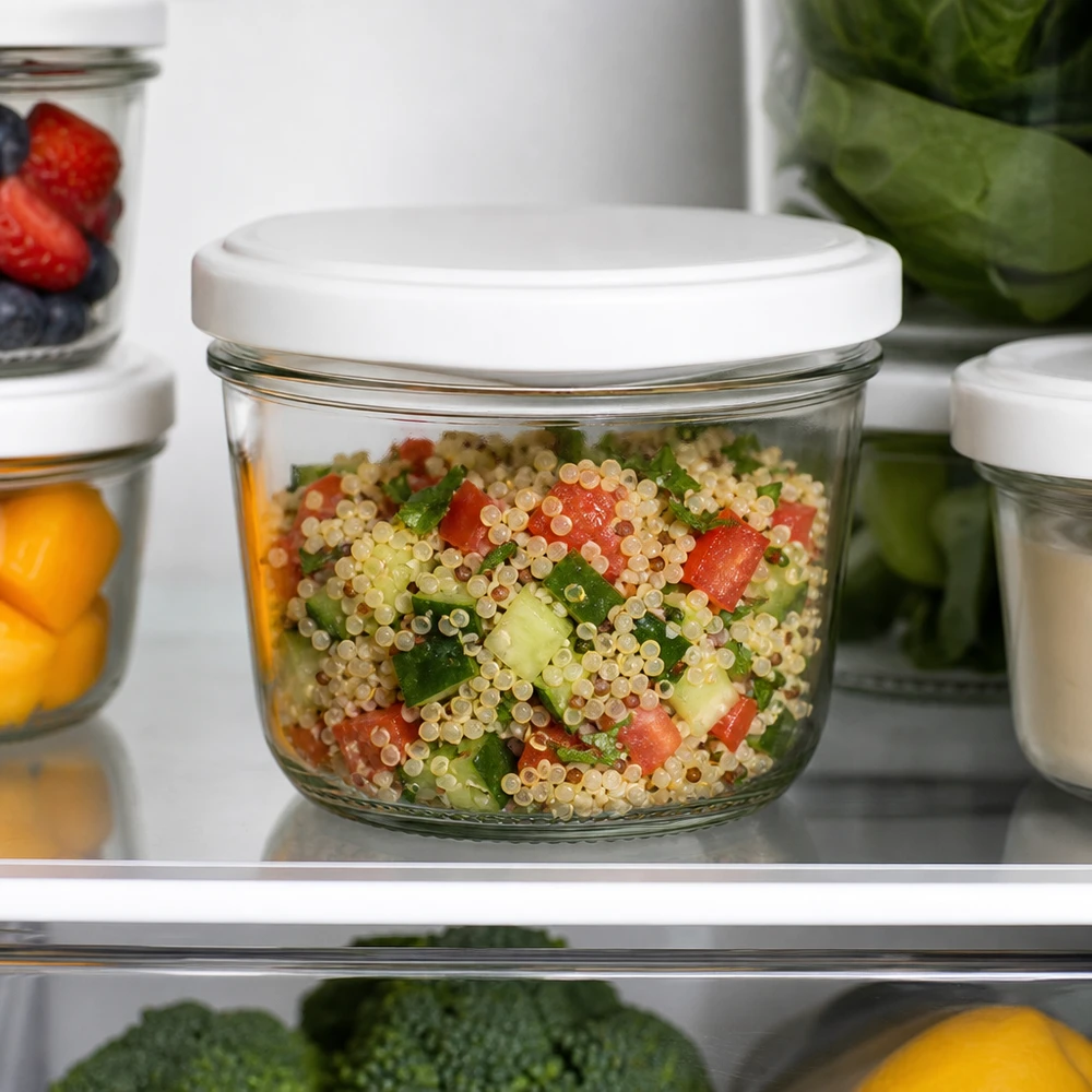 Vasos de 230 ml con ensalada de quinoa en la nevera: prácticos recipientes para preparar comidas saludables