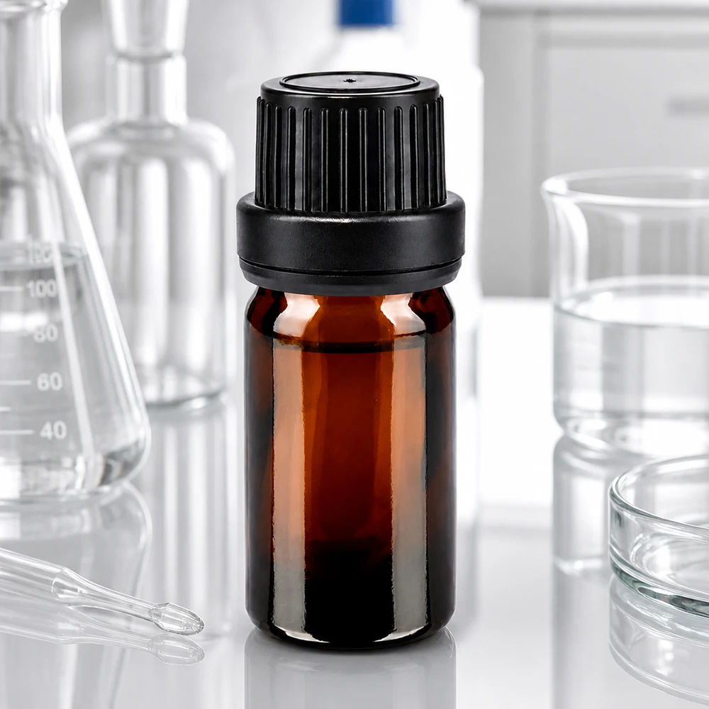 Frasco de cristal marrón de 5 ml con tapón cuentagotas negro de 11 mm para uso en laboratorio