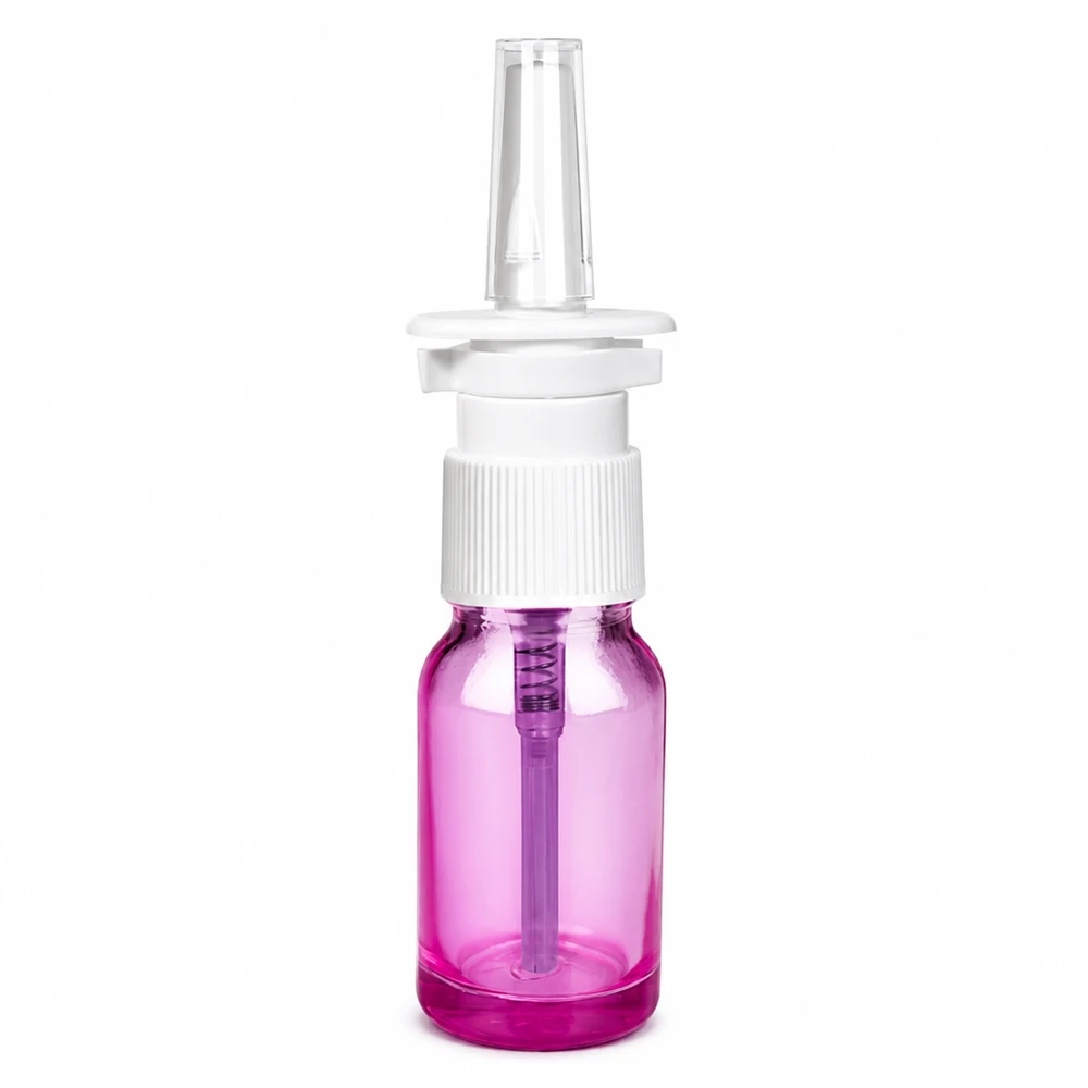 Frasco pulverizador nasal de 10 ml blanco/transparente estándar PurpleLine. UT18/10 Frasco spray nasal 10ml transparente morado para medicación nasal y soluciones en spray