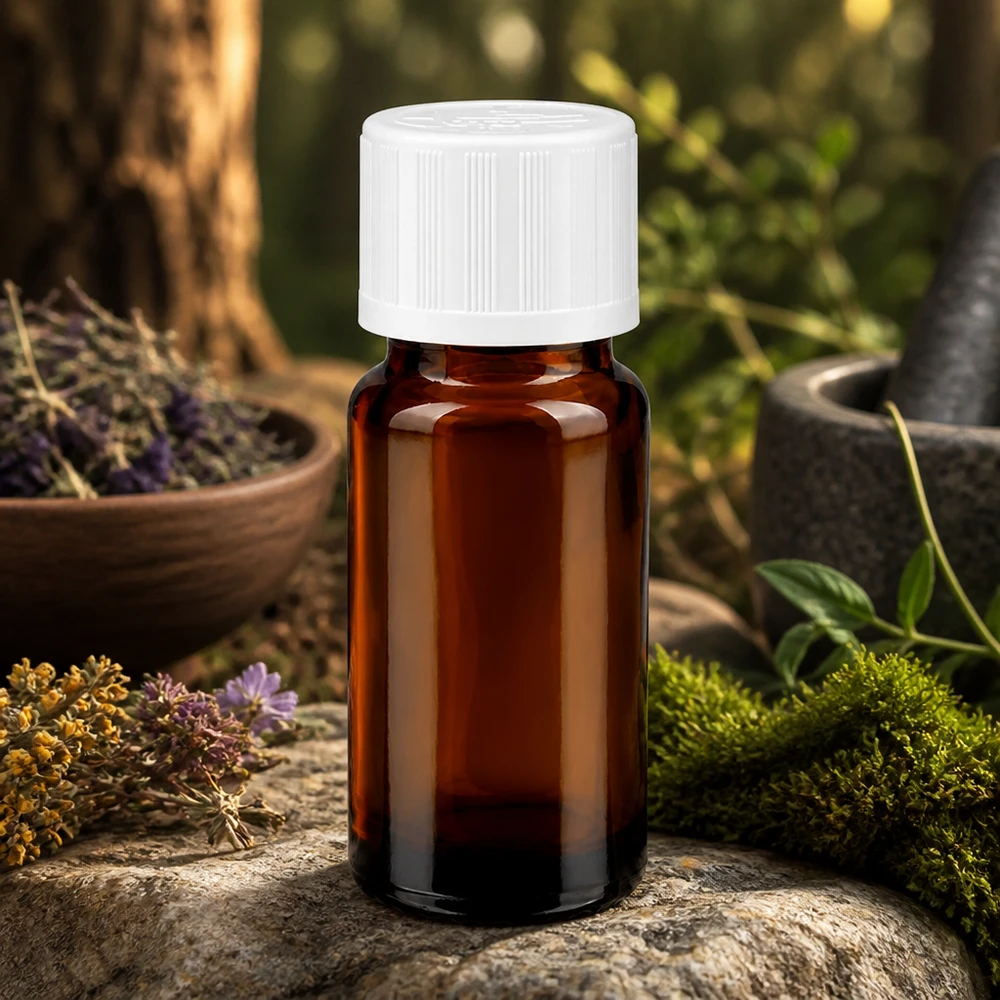 Frasco cuentagotas marrón de 10 ml con tapón KiSi blanco sobre piedra natural, entre hierbas silvestres y musgo