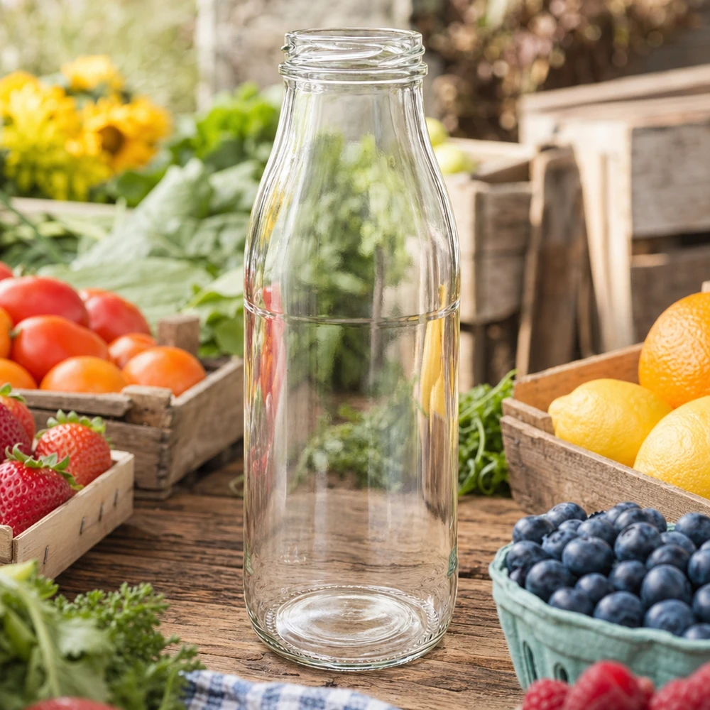 Frasco de vidrio de 500 ml sin tapa (TO48) UNiTWIST Botella de cristal de 500 ml TO48 UNiTWIST vacía sobre una mesa rústica de madera rodeada de frutas y verduras frescas en cajas de madera