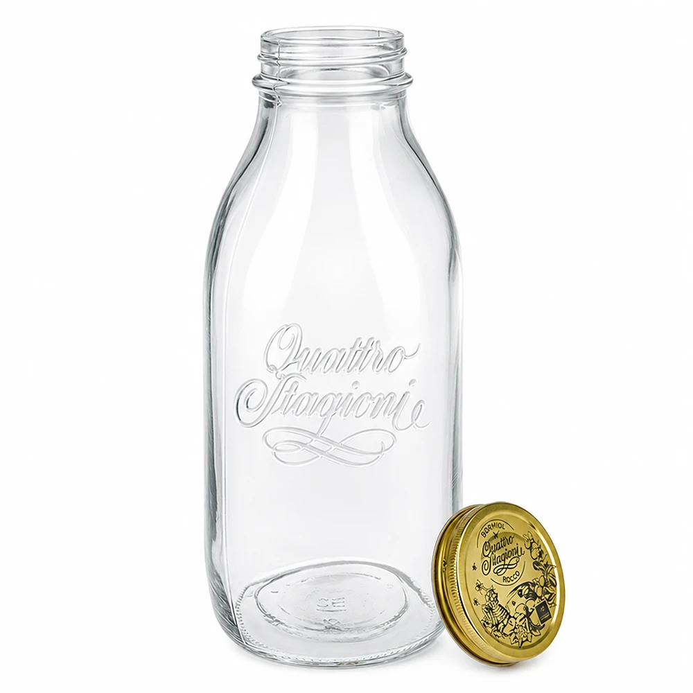 Frasco de cristal de 1000ml "Quattro Stagioni" con tapa Botella de cristal Quattro Stagioni de 1000 ml con tapa dorada extraíble, letras en relieve, diseño clásico de botella de leche