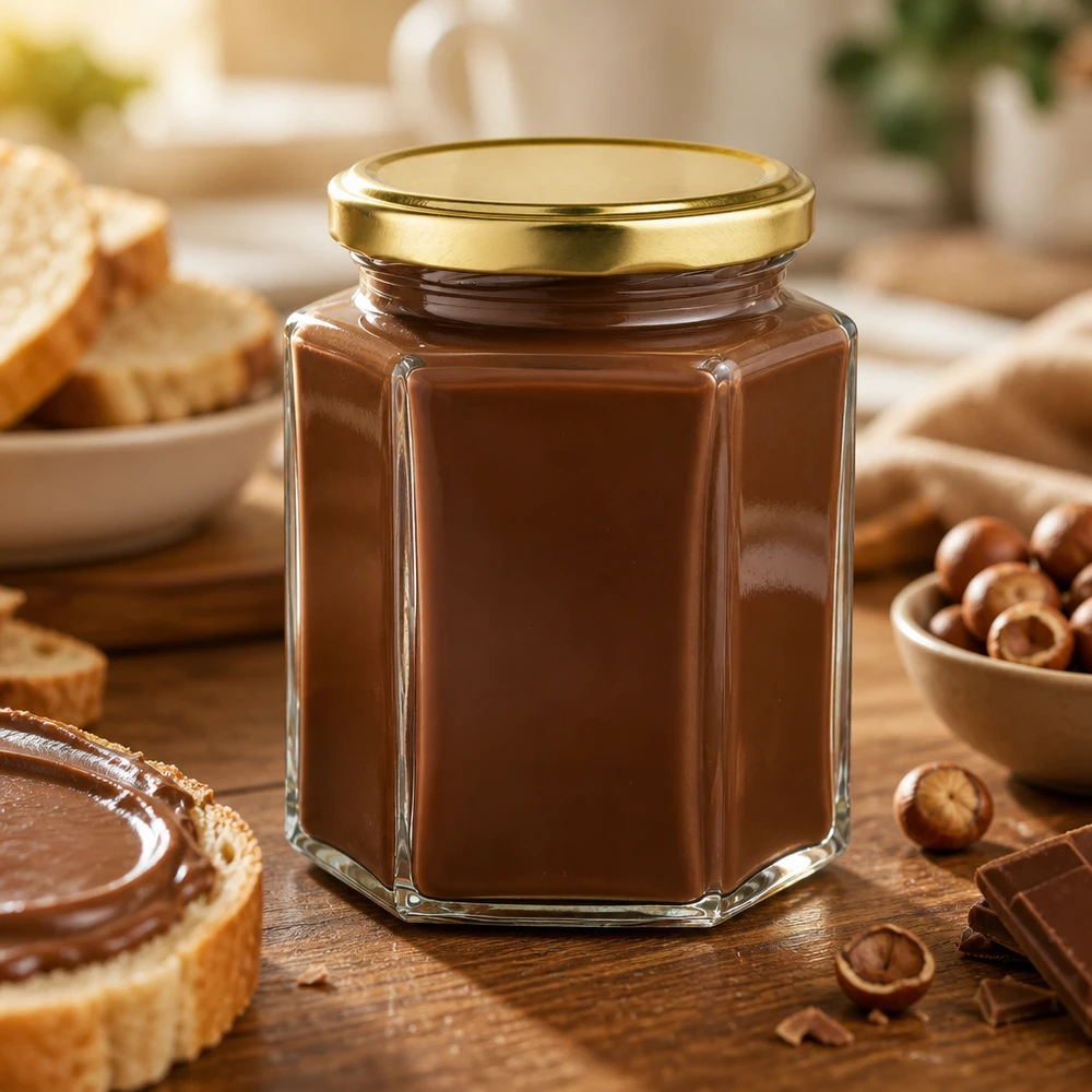 Frasco Hexaglas UNiTWIST de 191 ml con tapa BasicSeal dorada, lleno de crema de nueces y turrón, sobre una mesa de madera