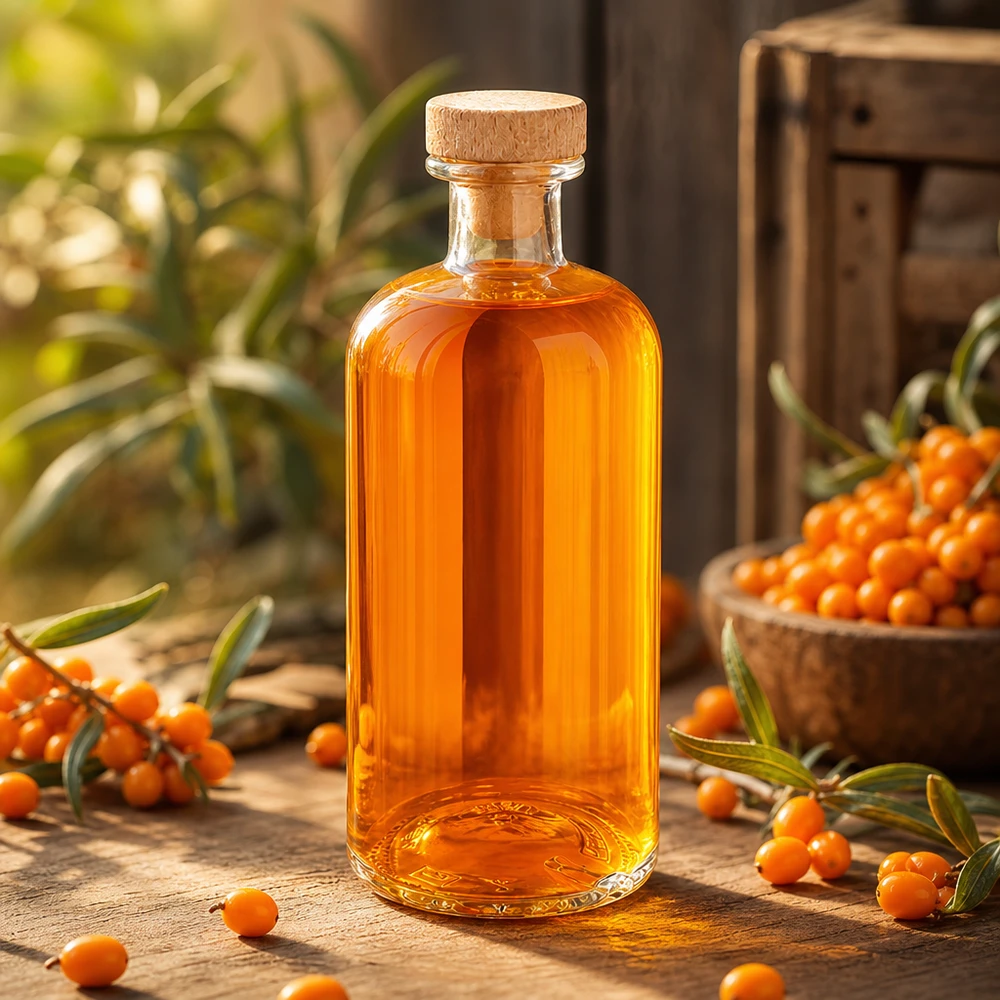 500ml botella de vidrio Flora con corcho de madera naranja aceite de espino amarillo entre las bayas de espino amarillo en la mesa de madera producto natural