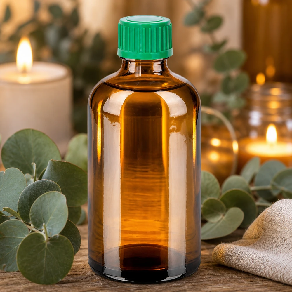 Frasco de vidrio marrón de 100 ml con tapón verde para aceites esenciales y aromaterapia