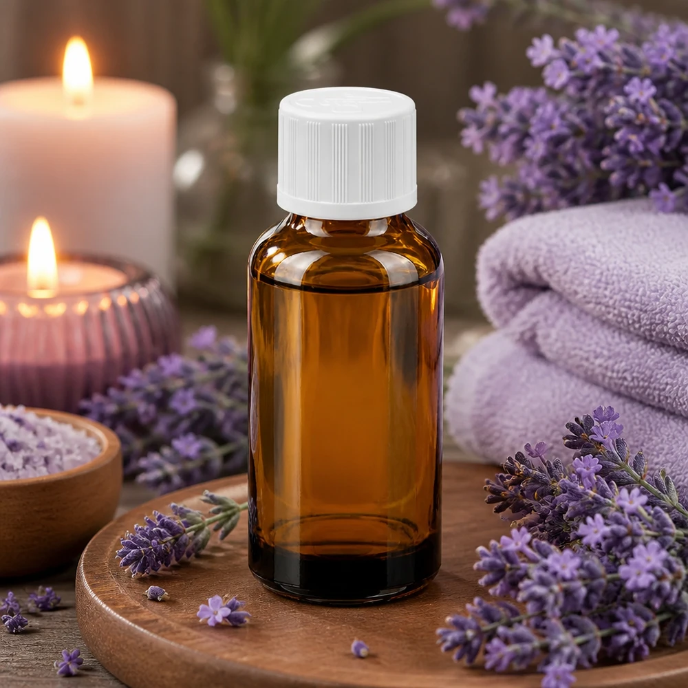 Pequeño frasco de vidrio de 30 ml de color marrón con práctico tapón de rosca para aceites esenciales