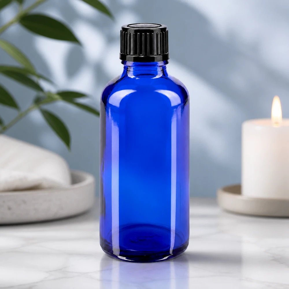Frasco cuentagotas de 50 ml de cristal de farmacia azul cobalto con tapón de rosca negro a prueba de niños