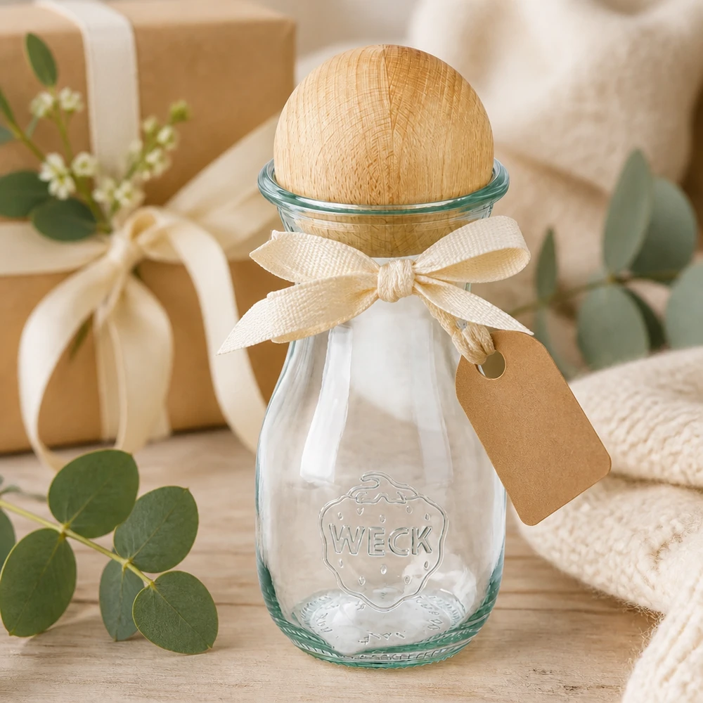 Botella para zumo de 290 ml WECK RR60 con bola de madera de haya Botella de zumo WECK 290ml RR60 envuelta para regalo con lazo y etiqueta junto a decoración de eucalipto