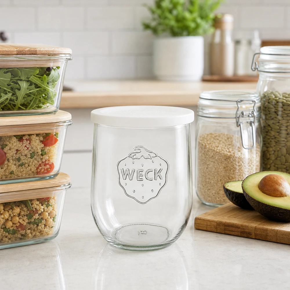 1062ml tarro tulipán con tapa de frescura WECK RR100 WECK Tulpenglas 1062ml RR100 auf Küchenarbeitsplatte zwischen Vorratsgläsern und Avocado als stilvolles Küchenzubehör