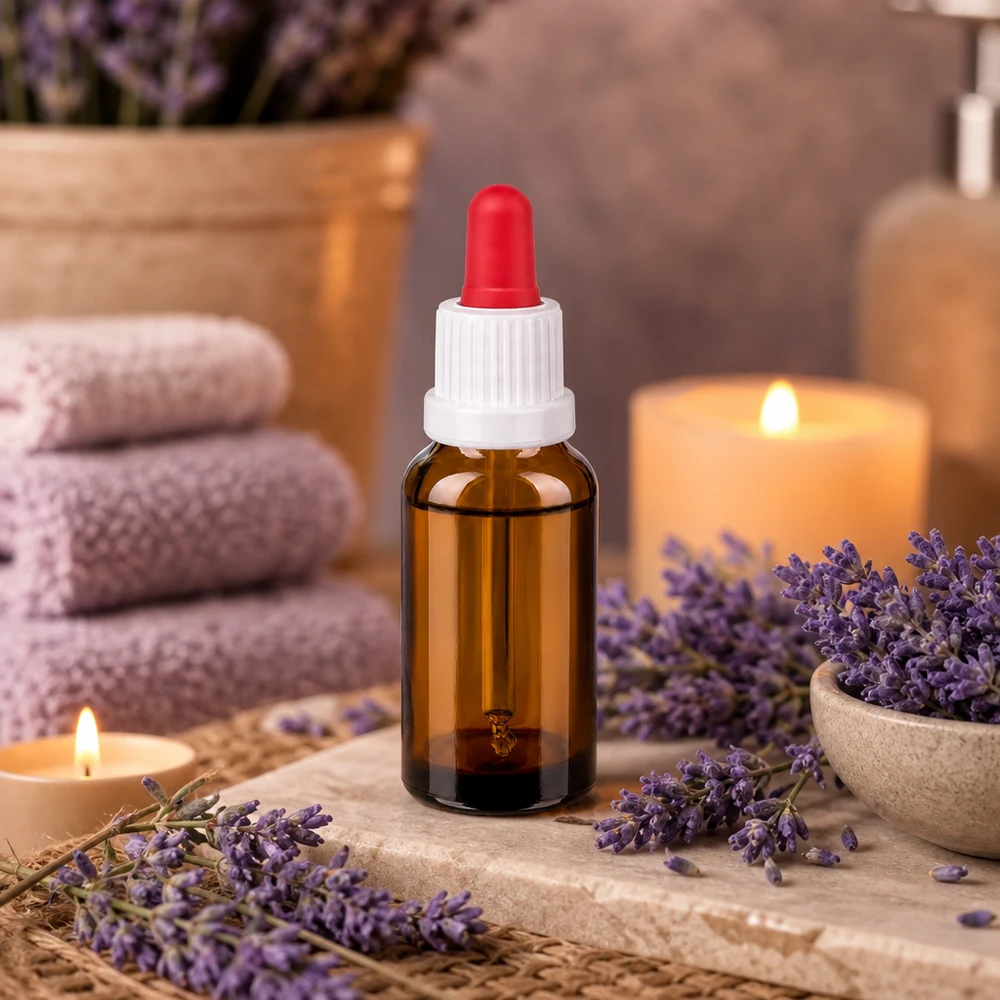 Frasco pipeta 20ml blanco/rojo cierre inviolable BrownLine UT18/20 Frasco pipeta de 20 ml de robusto vidrio ámbar con tapón de rosca blanco y práctica pipeta roja
